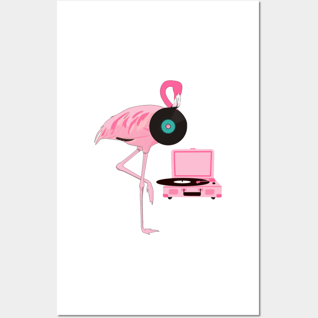 Funny Flamingo Retro Vinyl Record Player Wall Art by TammyWinandArt